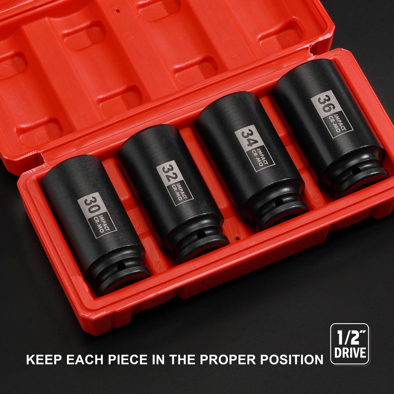 EMENTOL 4PCS 1/2"" Drive Deep Impact Socket Set  CR-MO  12 Point  Metric  Deep Spindle Axle Nut Impact Socket Set-30mm  32mm  34mm  36mm - Image 5